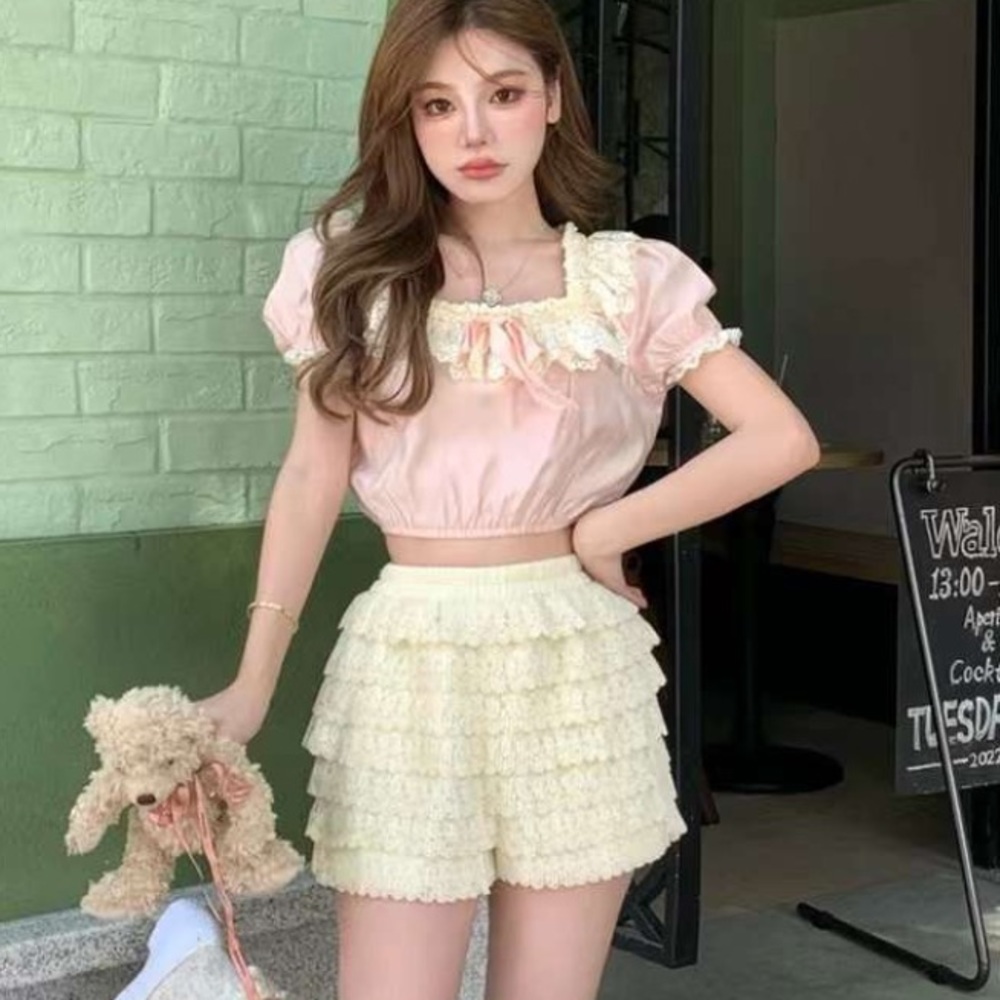 Cream Floral Lace Cottage Ballet Y2K Summer Layered Tiered Shorts
